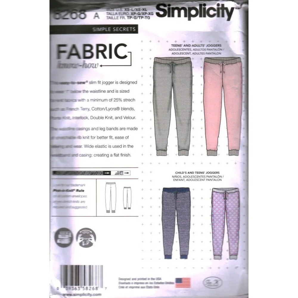 Simplicity 8268 Sewing Pattern Slim Fit Knit Jogger Pants Kids Teens Adults